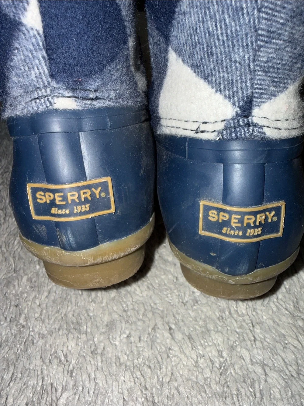 Sperry Navy and White Plaid Waterproof Duck Boots fall flannel cozy